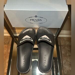 PRADA SLIDES - BLACK WHITE AND PINK RUBBER SANDALS [WOMENS SIZE 8]